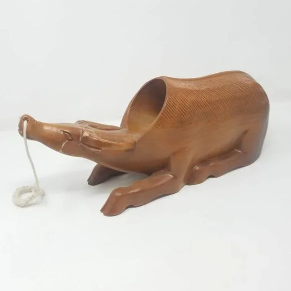 Vtg hand carved Water Buffalo wine bottle holder man cave brown - Picture 4 of 7